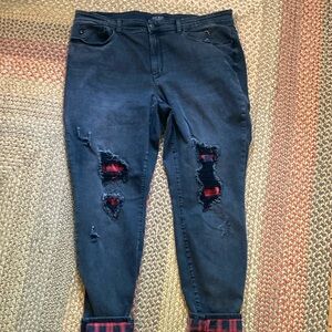 Judy Blue black stretchy skinny jean, distrssed with red/black plaid details 22W